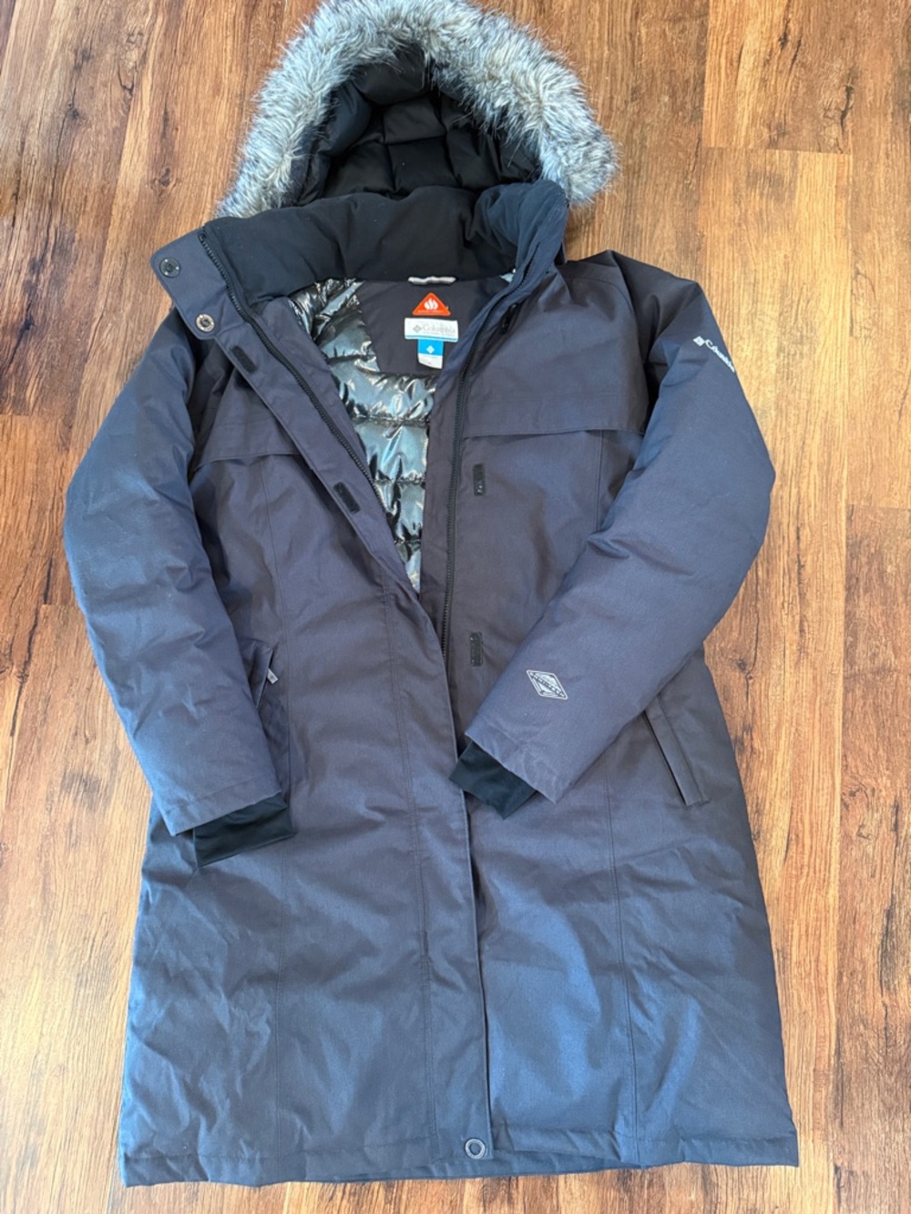 Columbia charcoal grey Long Hooded Parka with Faux Fur Trim